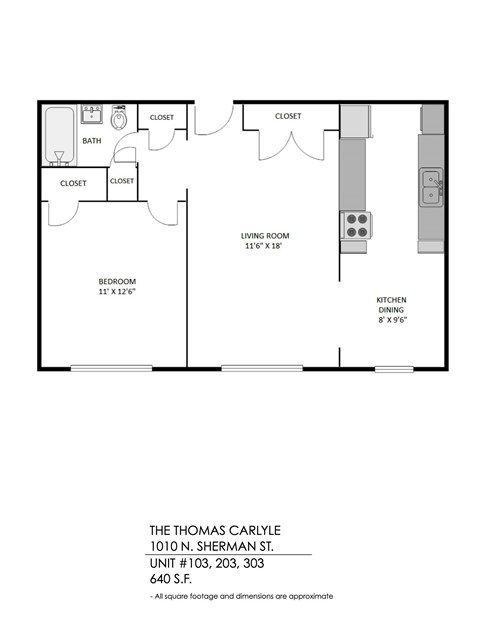 A floor plan of a one bedroom apartment with a living room and a kitchen.